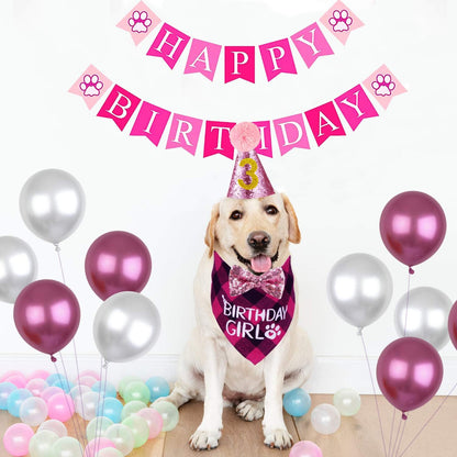 Dog Birthday Bandana, Dog Birthday Party Set, Dog Birthday Girl Bandana Triangle Scarf with Cute Dog Birthday Number Hat Bowtie Dog Birthday Banner for Dog Birthday Party Supplies (Pink)