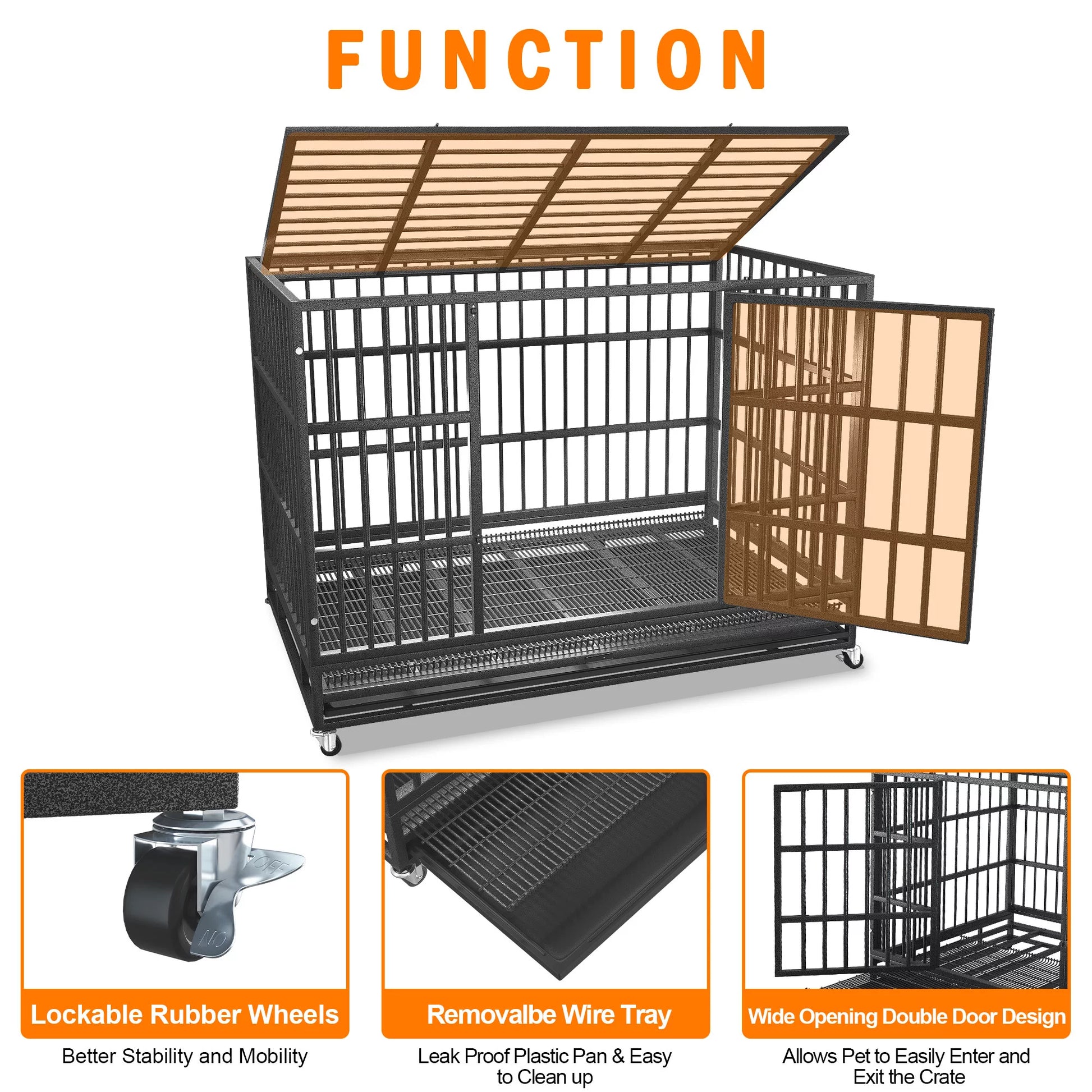 48/38 Inch Heavy Duty Indestructible Dog Crate Cage Kennel for Large Dogs, High Anxiety Dog Crate with Removable Crate Trays, Wheels and Double Door, Extra Large XL XXL Escape Proof Dog Crate
