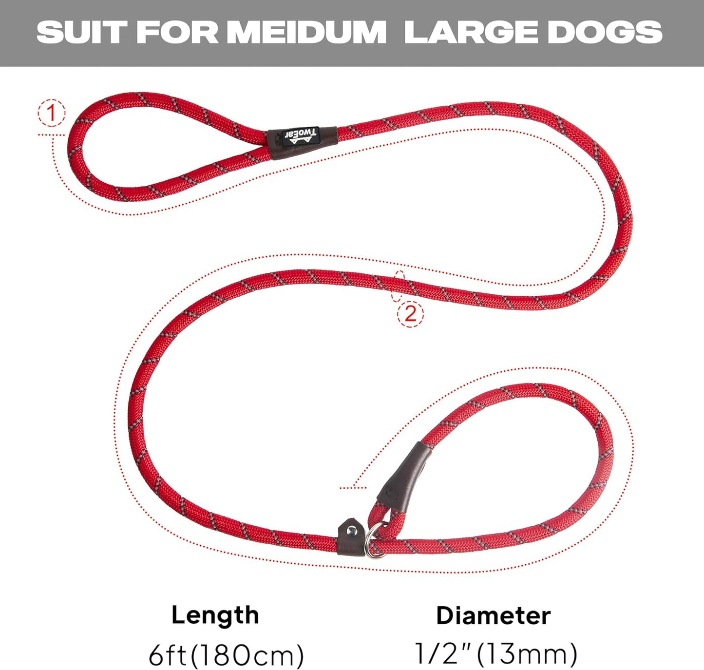 Dog Leash Dog Slip Rope Leash 1/2" X 6FT Dog Training Leash Heavy Duty Strong Slip Lead Highly Reflective Threads for Small Medium and Large Dogs(Red)