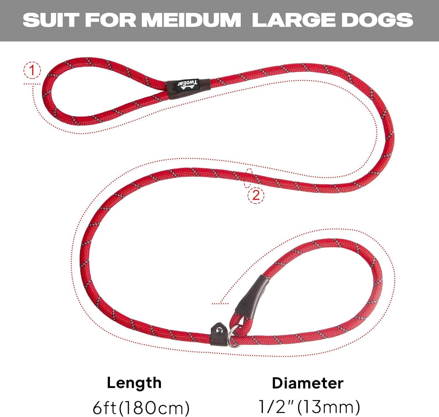 Dog Leash Dog Slip Rope Leash 1/2" X 6FT Dog Training Leash Heavy Duty Strong Slip Lead Highly Reflective Threads for Small Medium and Large Dogs(Red)