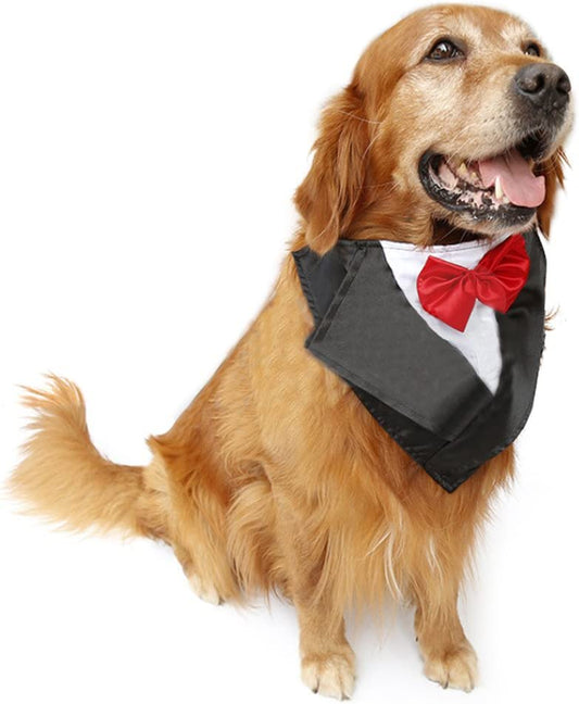 Wedding Tuxedo Large Dog Bandana Scarf Adjustable Cat Collar Neckerchief Pet Dress-Up Clothes Dog Costumes for Wedding Party or Halloween (Red)