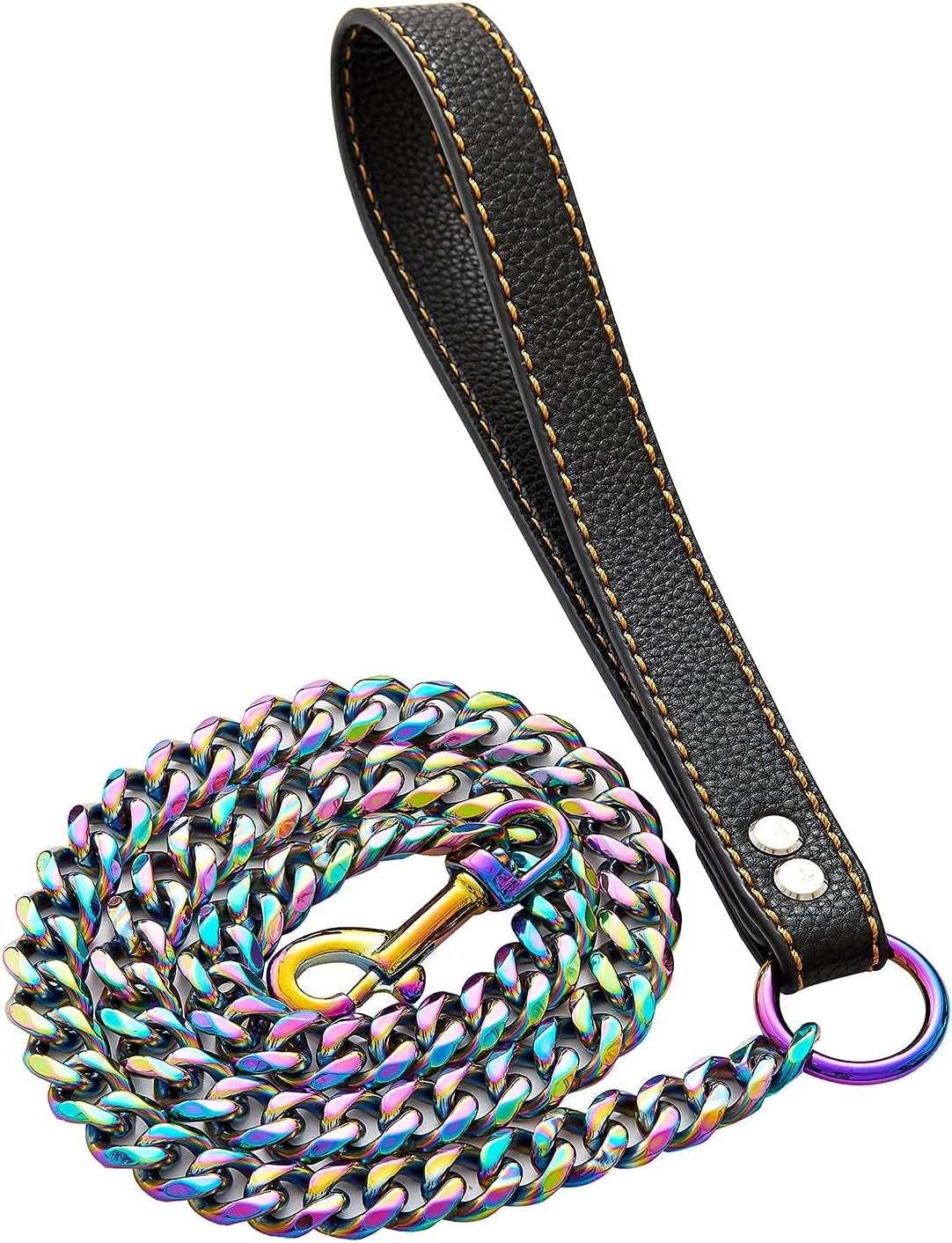 Chain Leash for Medium Large Dogs Metal Chain Leash Chew Proof, Heavy Duty Leash Stainless Steel Multicolored Dog Leash Chain with Leather Padded Handle (3.5FT)