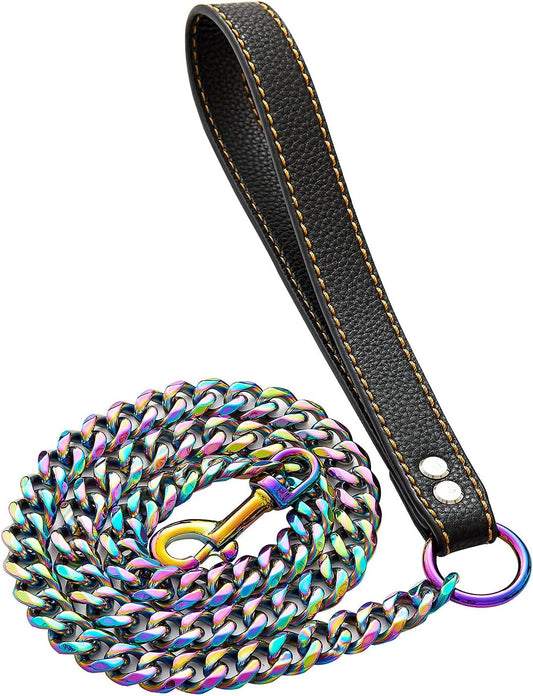 Chain Leash for Medium Large Dogs Metal Chain Leash Chew Proof, Heavy Duty Leash Stainless Steel Multicolored Dog Leash Chain with Leather Padded Handle (3.5FT)