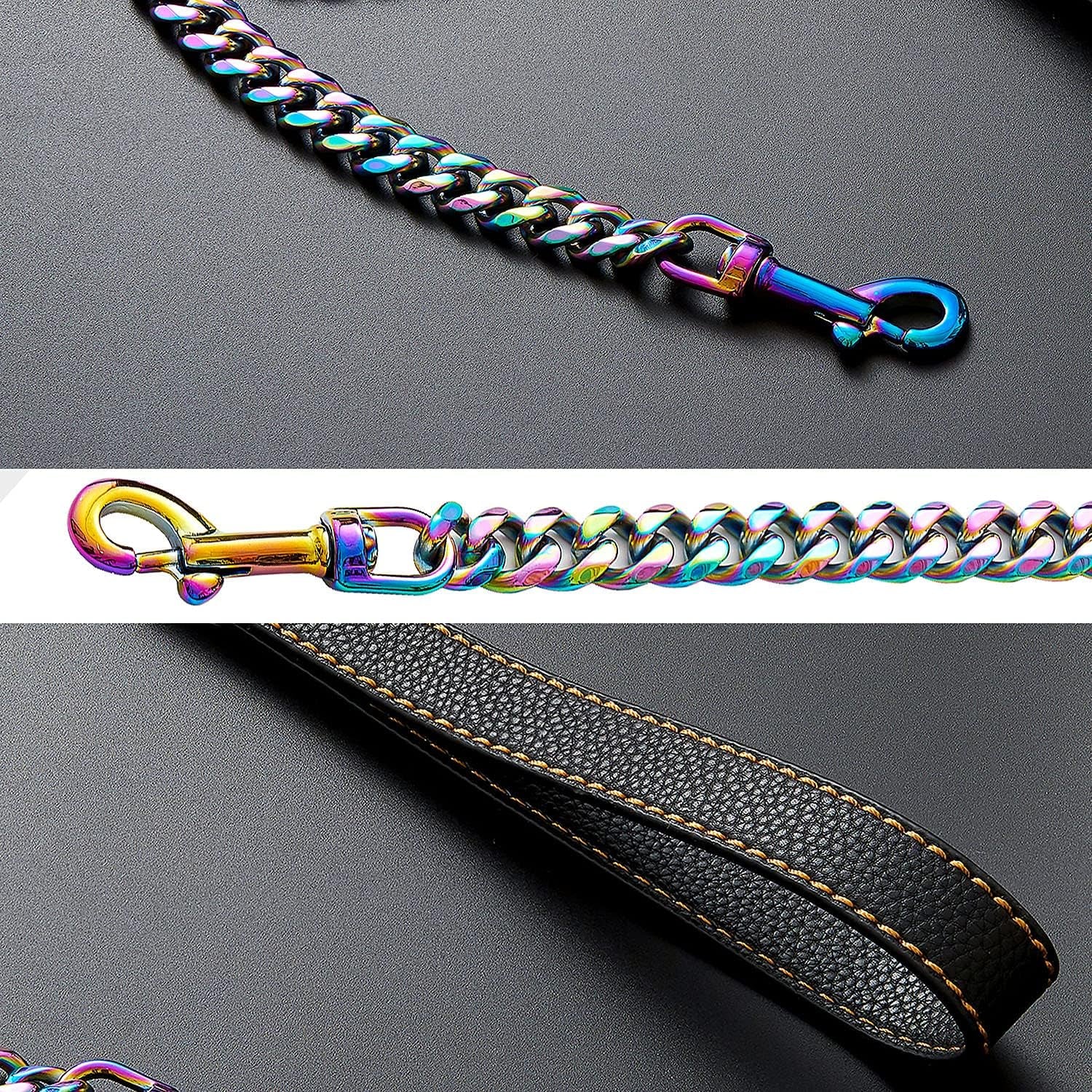 Chain Leash for Medium Large Dogs Metal Chain Leash Chew Proof, Heavy Duty Leash Stainless Steel Multicolored Dog Leash Chain with Leather Padded Handle (3.5FT)