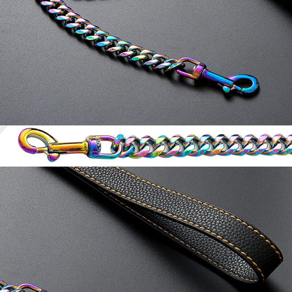 Chain Leash for Medium Large Dogs Metal Chain Leash Chew Proof, Heavy Duty Leash Stainless Steel Multicolored Dog Leash Chain with Leather Padded Handle (3.5FT)
