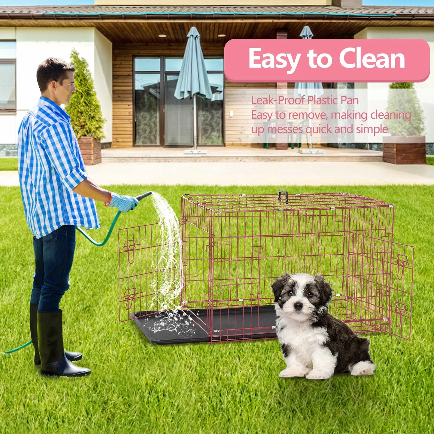 24 Inch Pets Dog Cage for Small Dogs, Folding Dog Crates and Kennels Double Door, Pet Cage with Tray Pan for Small Animals