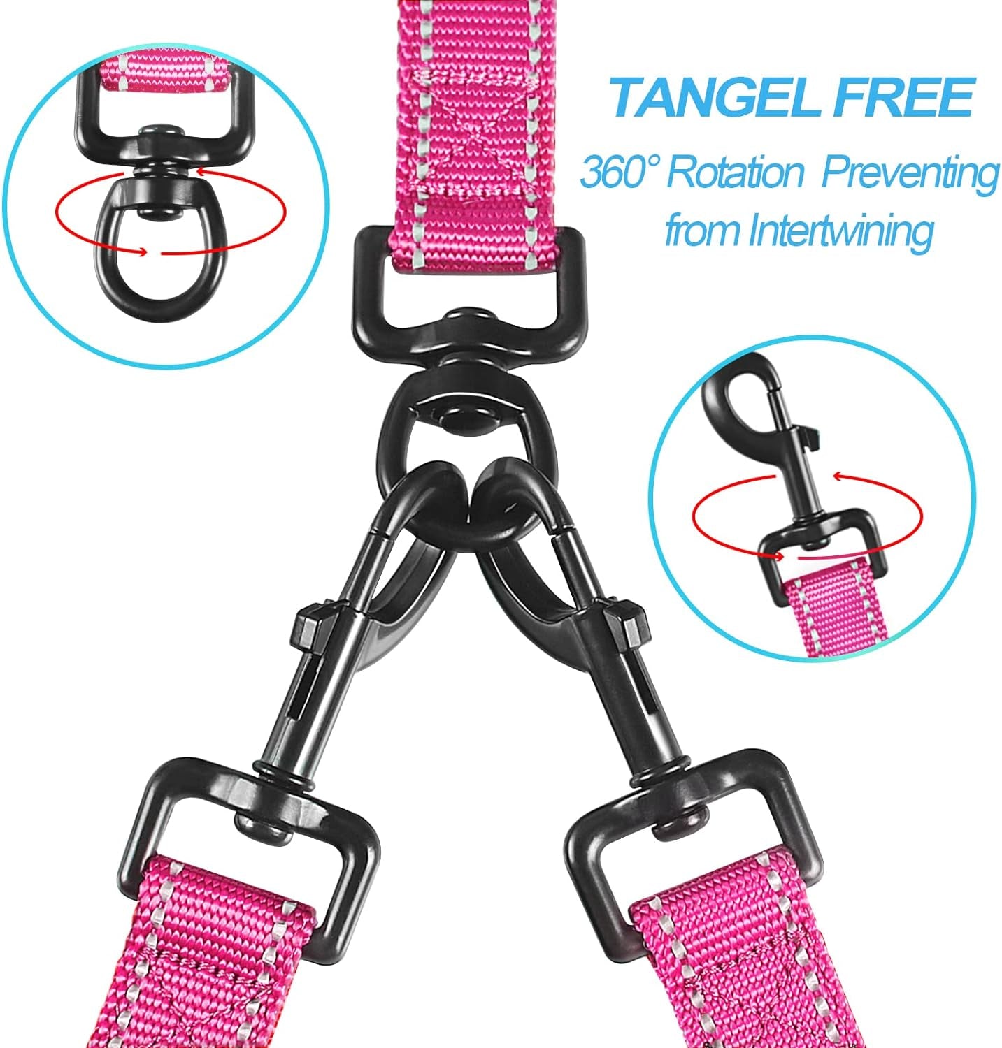Double Dog Leash, No Tangle Dual Dog Leash, Reflective Walking Training Leash, 4 Comfortable Padded Handles for 2 Dogs with Collapsible Bowl and Waste Bags Dispenser (Pink, Large)