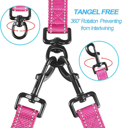 Double Dog Leash, No Tangle Dual Dog Leash, Reflective Walking Training Leash, 4 Comfortable Padded Handles for 2 Dogs with Collapsible Bowl and Waste Bags Dispenser (Pink, Large)
