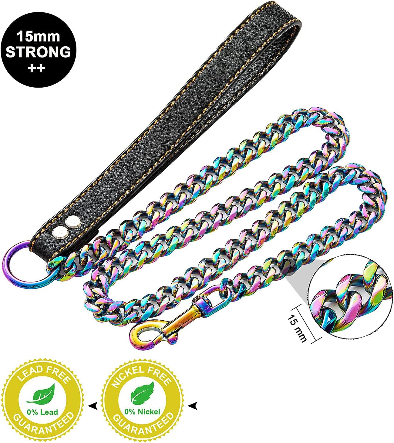 Chain Leash for Medium Large Dogs Metal Chain Leash Chew Proof, Heavy Duty Leash Stainless Steel Multicolored Dog Leash Chain with Leather Padded Handle (3.5FT)