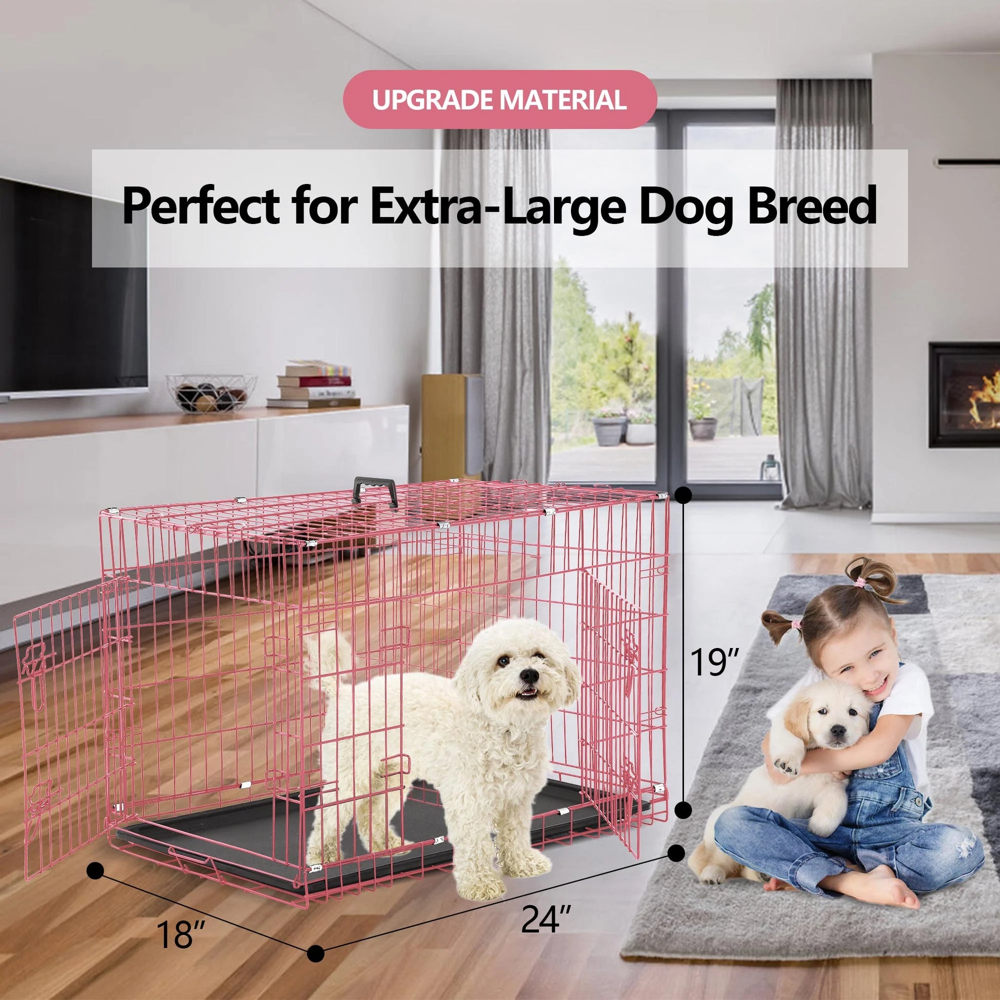 24 Inch Pets Dog Cage for Small Dogs, Folding Dog Crates and Kennels Double Door, Pet Cage with Tray Pan for Small Animals