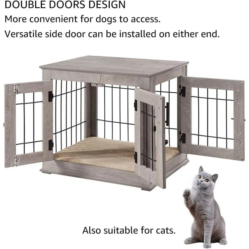 Furniture Style Dog Crate End Table, Double Doors Wooden Wire Dog Kennel with Pet Bed, Decorative Pet Crate Dog House