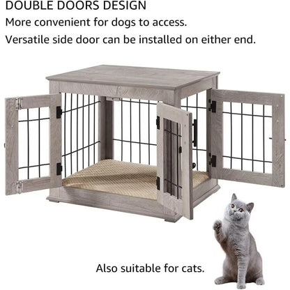 Furniture Style Dog Crate End Table, Double Doors Wooden Wire Dog Kennel with Pet Bed, Decorative Pet Crate Dog House