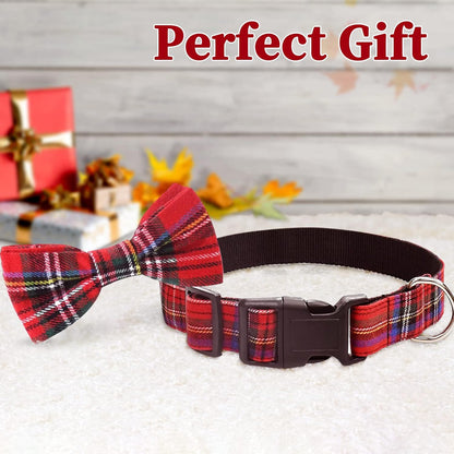 Dog Collar with Bow Tie Christmas Classic Plaid Dog Collar with Light Adjustable Buckle Suitable for Small Medium Large Dogs Cats Pets - M