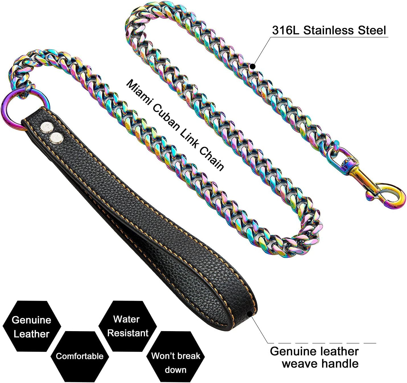 Chain Leash for Medium Large Dogs Metal Chain Leash Chew Proof, Heavy Duty Leash Stainless Steel Multicolored Dog Leash Chain with Leather Padded Handle (3.5FT)