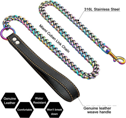 Chain Leash for Medium Large Dogs Metal Chain Leash Chew Proof, Heavy Duty Leash Stainless Steel Multicolored Dog Leash Chain with Leather Padded Handle (3.5FT)