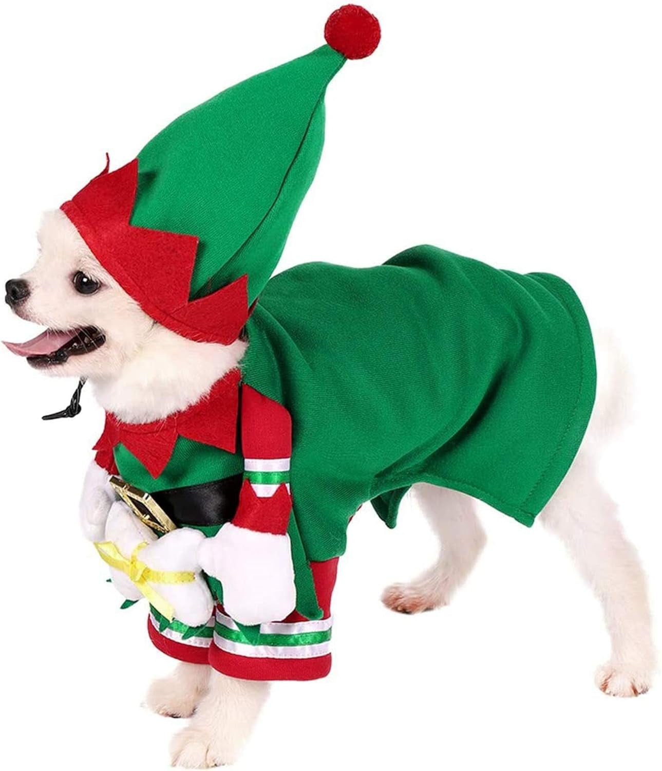 Dog Cat Christmas Elf Costume, Funny Pet Cosplay Dress with Cap, Puppy Fleece Outfits Warm Clothes for Xmas (M Size)