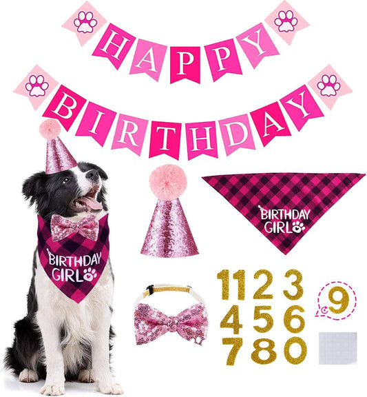 Dog Birthday Bandana, Dog Birthday Party Set, Dog Birthday Girl Bandana Triangle Scarf with Cute Dog Birthday Number Hat Bowtie Dog Birthday Banner for Dog Birthday Party Supplies (Pink)