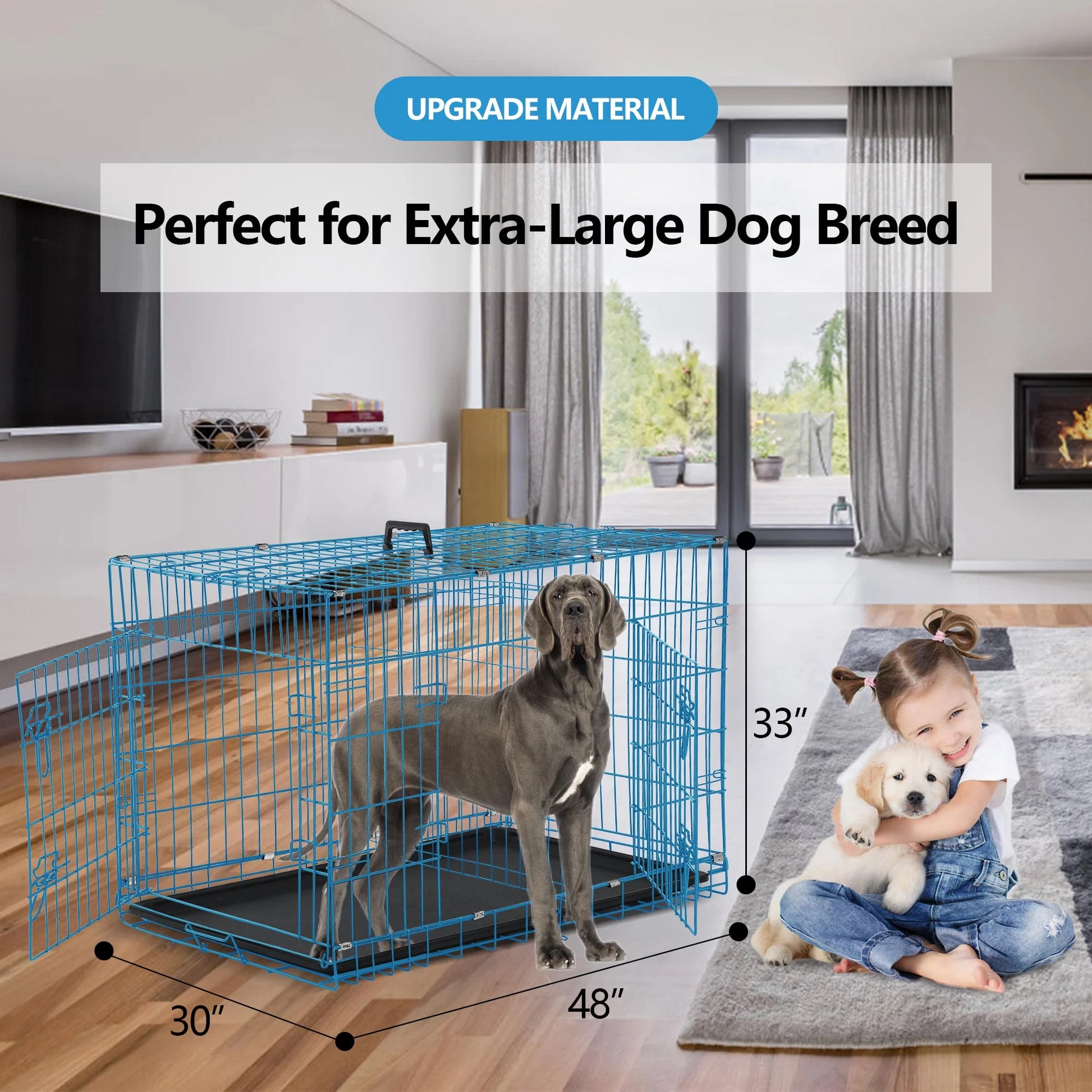 48 Inch Dog Cage for Large Dogs Indoor, Folding Dog Crates and Kennels Double Door, Pet Cage with Tray Pan for Dogs