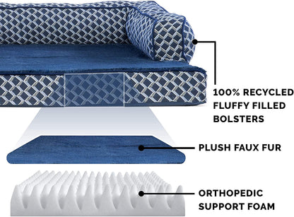 Orthopedic Dog Bed for Medium/Small Dogs W/ Removable Bolsters & Washable Cover, for Dogs up to 35 Lbs - Plush & Woven Decor Comfy Couch Sofa - Diamond Blue, Medium