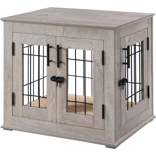 Furniture Style Dog Crate End Table, Double Doors Wooden Wire Dog Kennel with Pet Bed, Decorative Pet Crate Dog House
