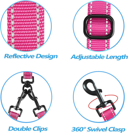 Double Dog Leash, No Tangle Dual Dog Leash, Reflective Walking Training Leash, 4 Comfortable Padded Handles for 2 Dogs with Collapsible Bowl and Waste Bags Dispenser (Pink, Large)