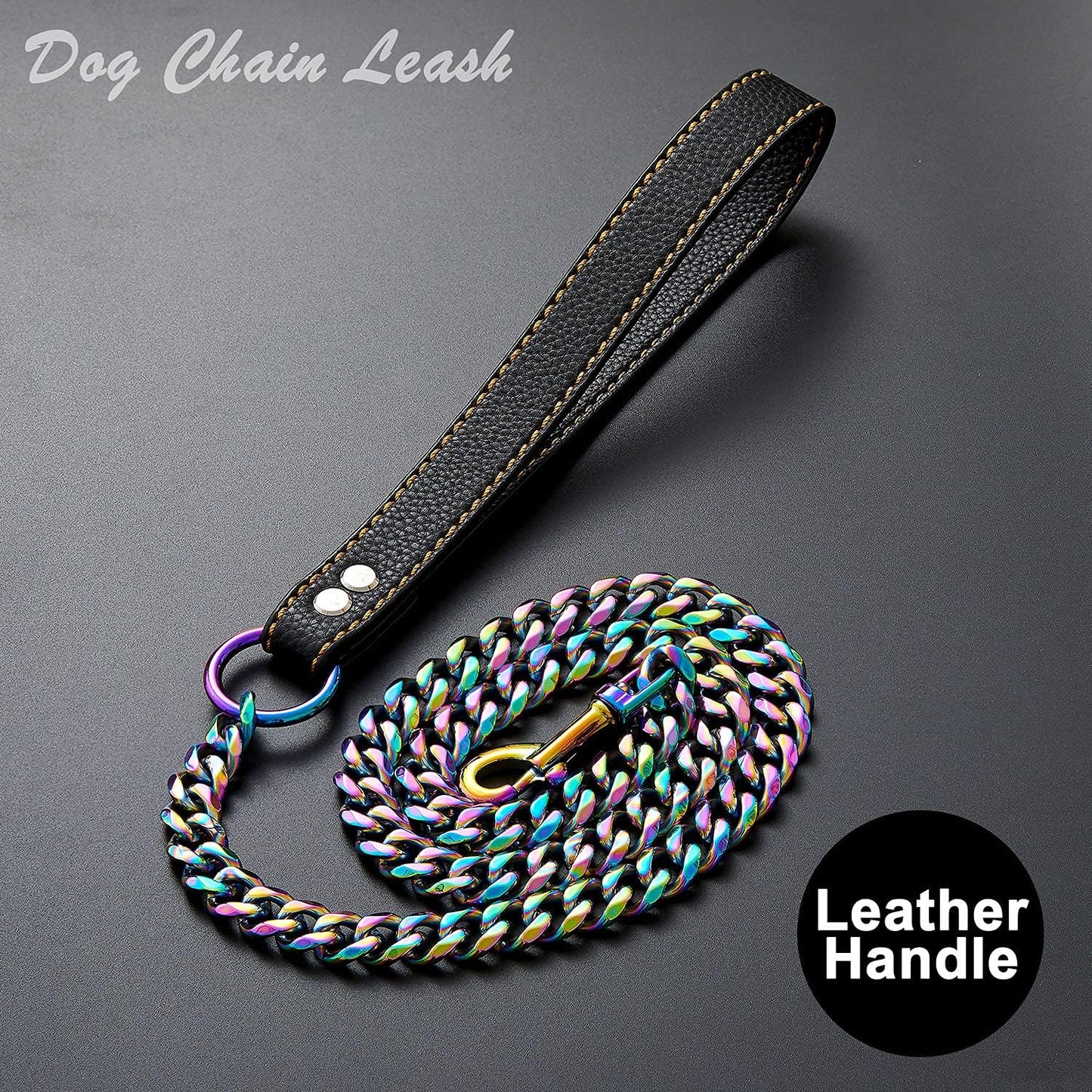 Chain Leash for Medium Large Dogs Metal Chain Leash Chew Proof, Heavy Duty Leash Stainless Steel Multicolored Dog Leash Chain with Leather Padded Handle (3.5FT)
