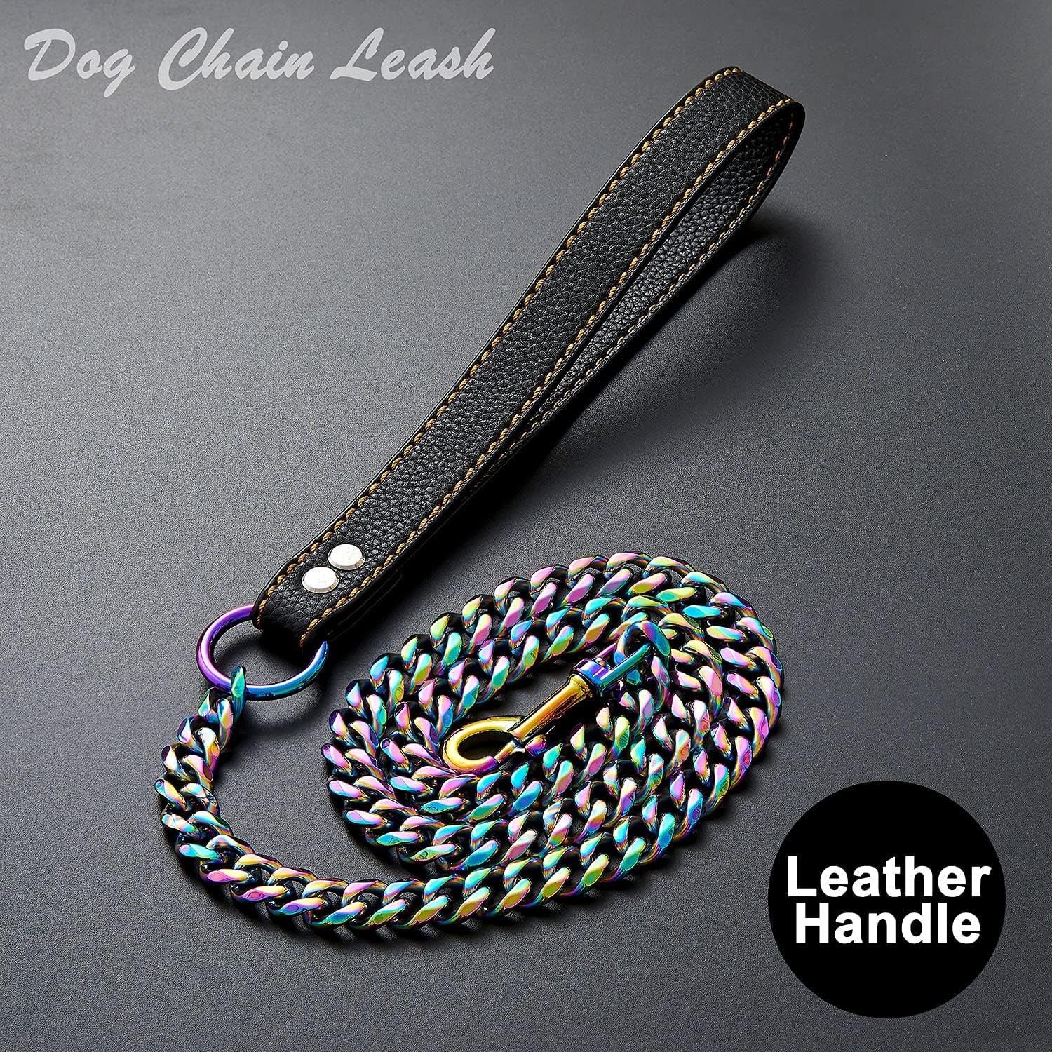 Chain Leash for Medium Large Dogs Metal Chain Leash Chew Proof, Heavy Duty Leash Stainless Steel Multicolored Dog Leash Chain with Leather Padded Handle (3.5FT)