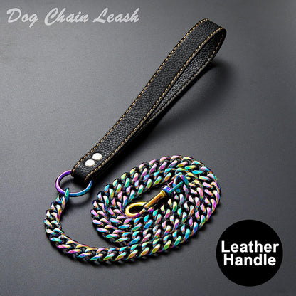 Chain Leash for Medium Large Dogs Metal Chain Leash Chew Proof, Heavy Duty Leash Stainless Steel Multicolored Dog Leash Chain with Leather Padded Handle (3.5FT)