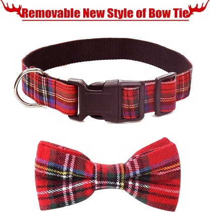 Dog Collar with Bow Tie Christmas Classic Plaid Dog Collar with Light Adjustable Buckle Suitable for Small Medium Large Dogs Cats Pets - M
