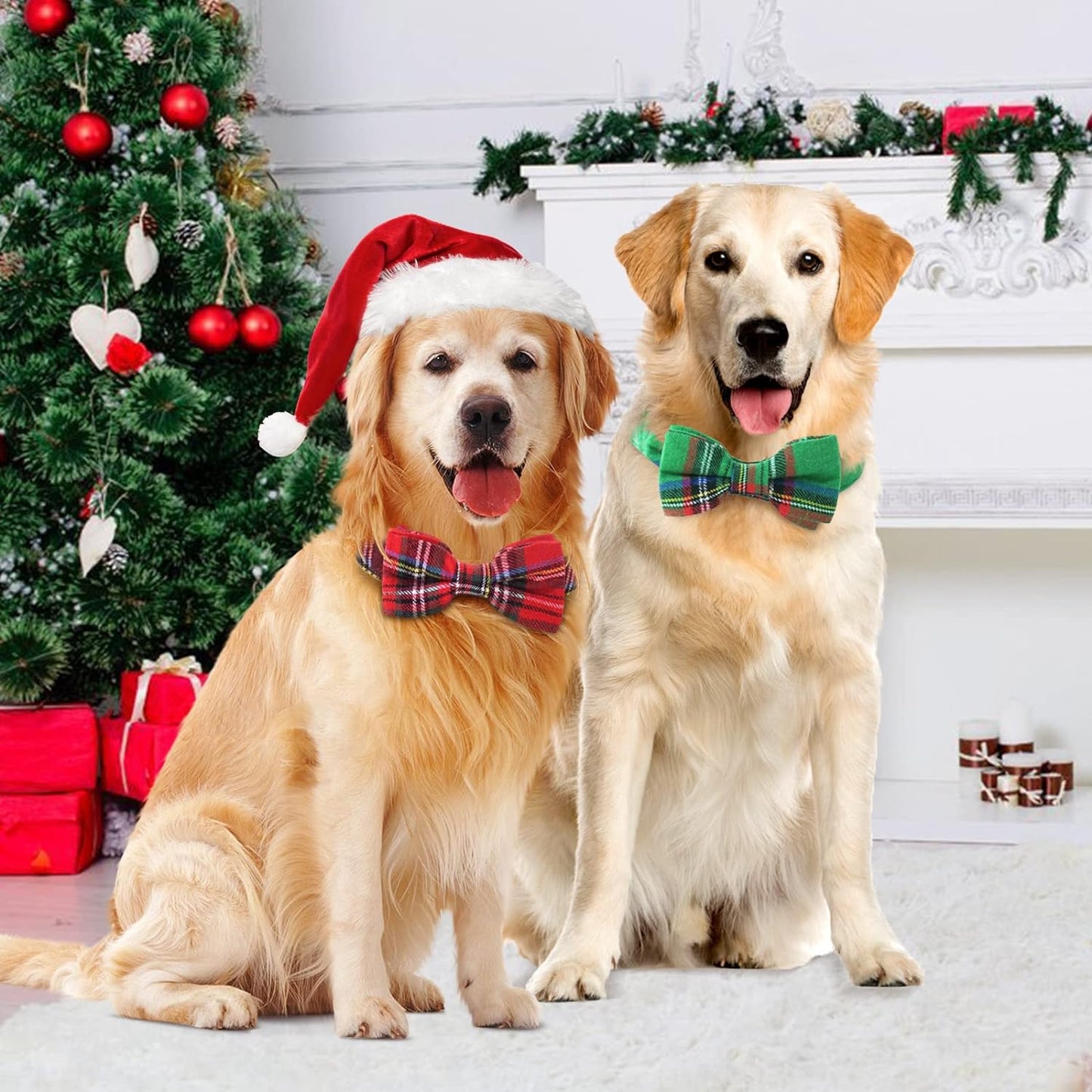 Dog Collar with Bow Tie Christmas Classic Plaid Dog Collar with Light Adjustable Buckle Suitable for Small Medium Large Dogs Cats Pets - M