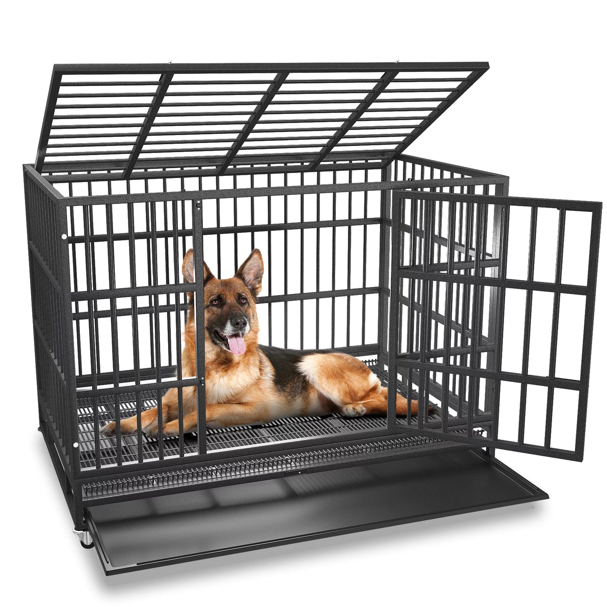 48/38 Inch Heavy Duty Indestructible Dog Crate Cage Kennel for Large Dogs, High Anxiety Dog Crate with Removable Crate Trays, Wheels and Double Door, Extra Large XL XXL Escape Proof Dog Crate