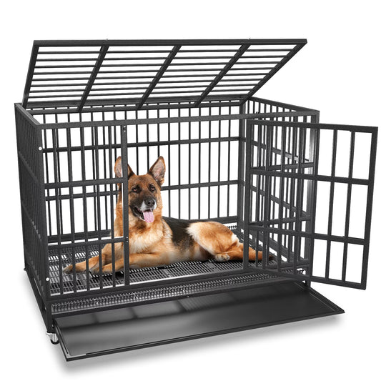 48/38 Inch Heavy Duty Indestructible Dog Crate Cage Kennel for Large Dogs, High Anxiety Dog Crate with Removable Crate Trays, Wheels and Double Door, Extra Large XL XXL Escape Proof Dog Crate