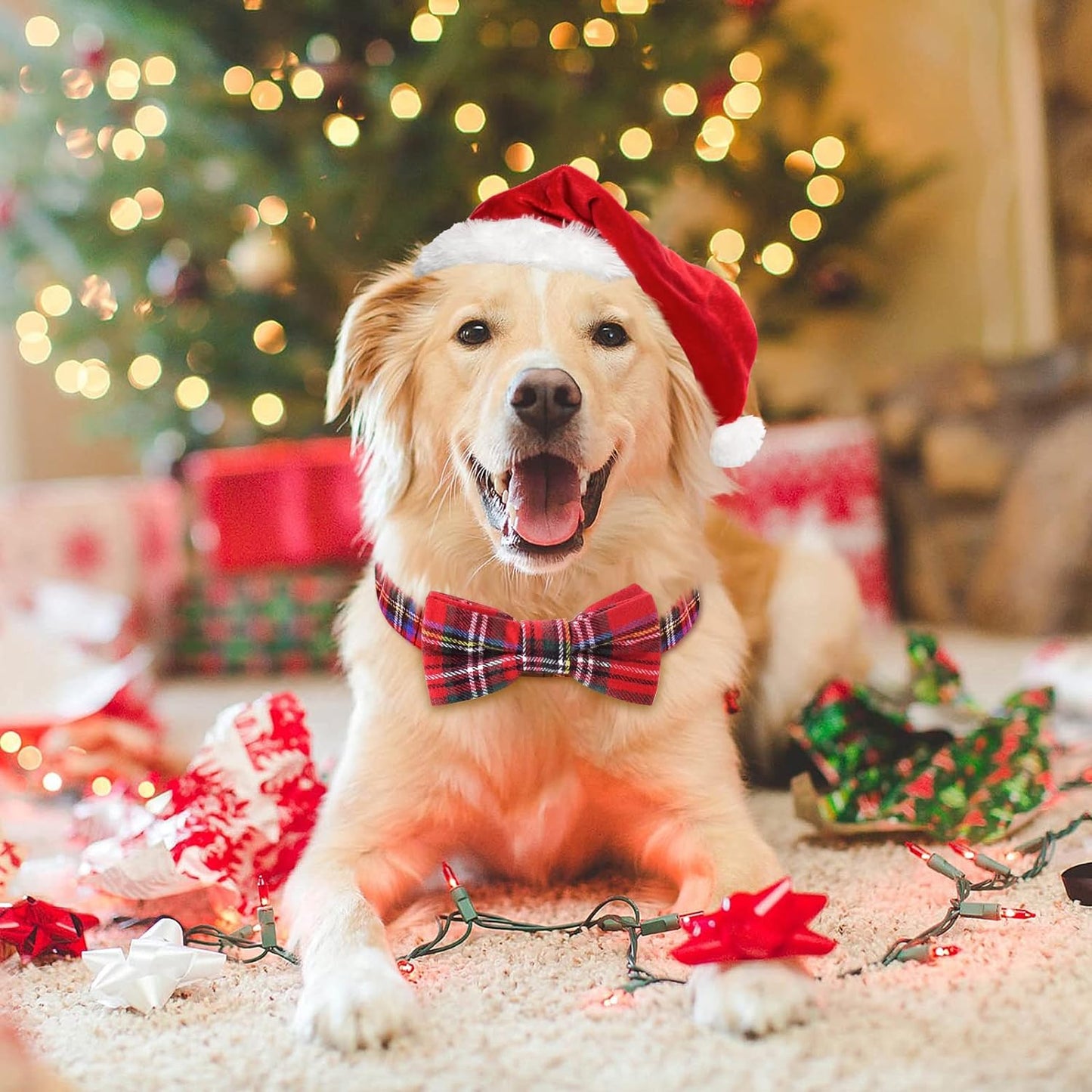 Dog Collar with Bow Tie Christmas Classic Plaid Dog Collar with Light Adjustable Buckle Suitable for Small Medium Large Dogs Cats Pets - M
