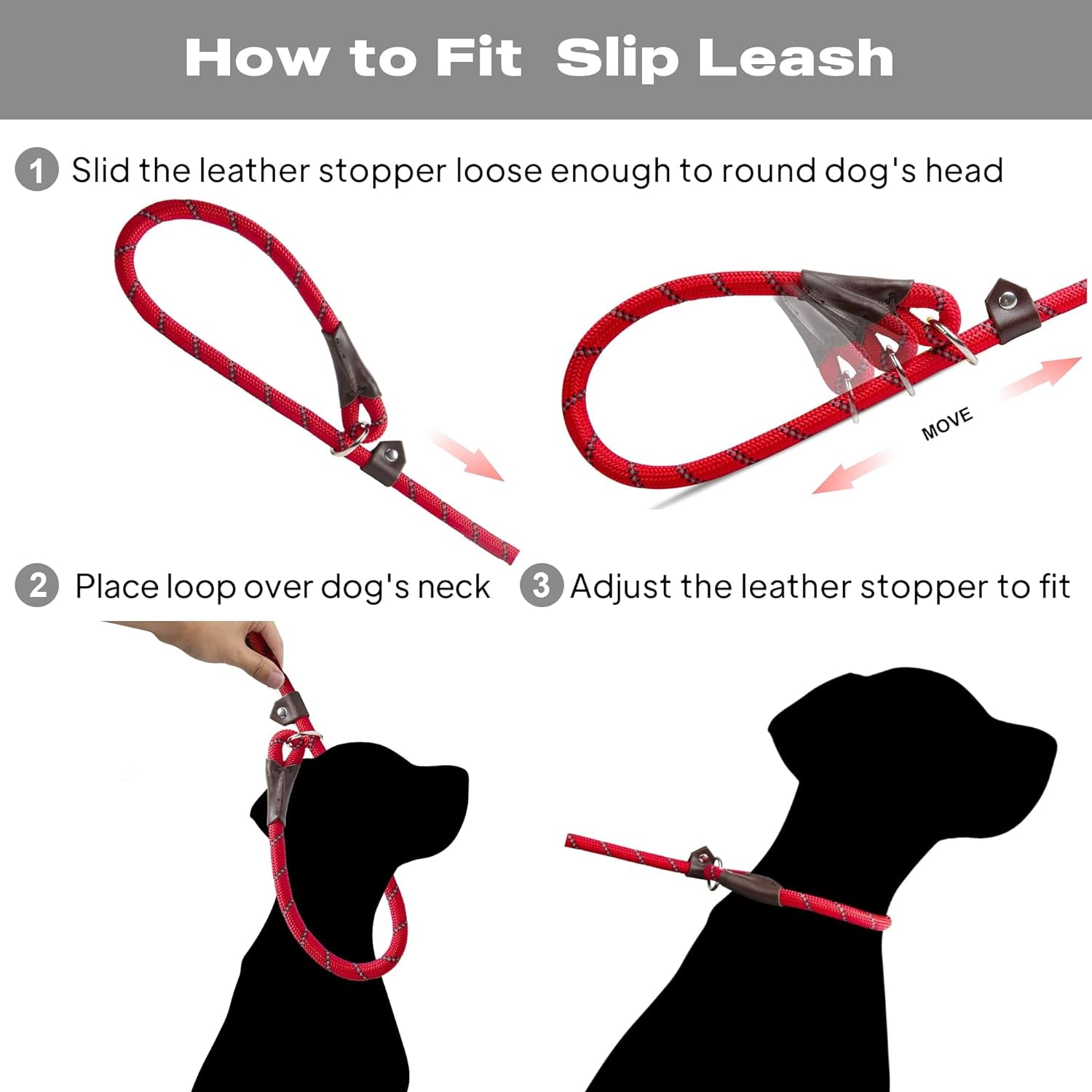 Dog Leash Dog Slip Rope Leash 1/2" X 6FT Dog Training Leash Heavy Duty Strong Slip Lead Highly Reflective Threads for Small Medium and Large Dogs(Red)