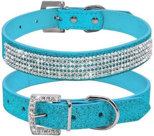 Cute Dazzling Sparkling Leather Dog Cat Rhinestone Collar Crystal Diamond Pet Dog Puppy Collar(Blue,M)