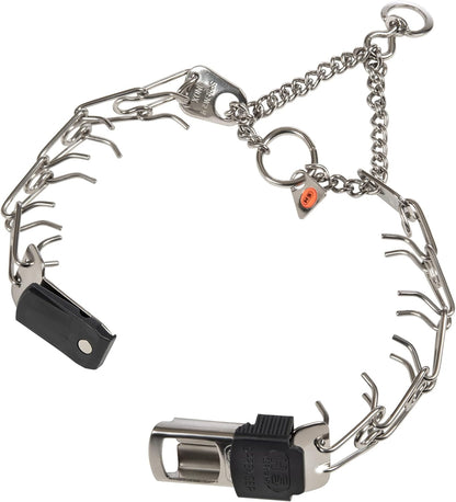 Dog Training Prong Collar with Quick Release Cliclock Buckle and Swivel Ring Adjustable Length German Made Stainless Steel Collar for Small to Medium Dogs up to 15" Neck (2.25Mm Prongs)
