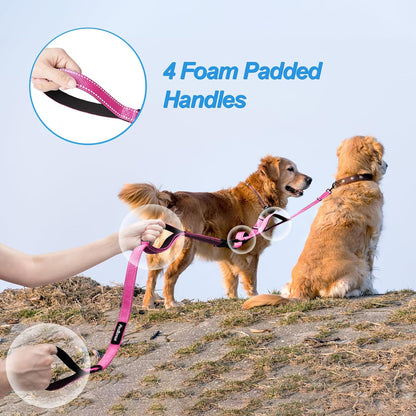 Double Dog Leash, No Tangle Dual Dog Leash, Reflective Walking Training Leash, 4 Comfortable Padded Handles for 2 Dogs with Collapsible Bowl and Waste Bags Dispenser (Pink, Large)