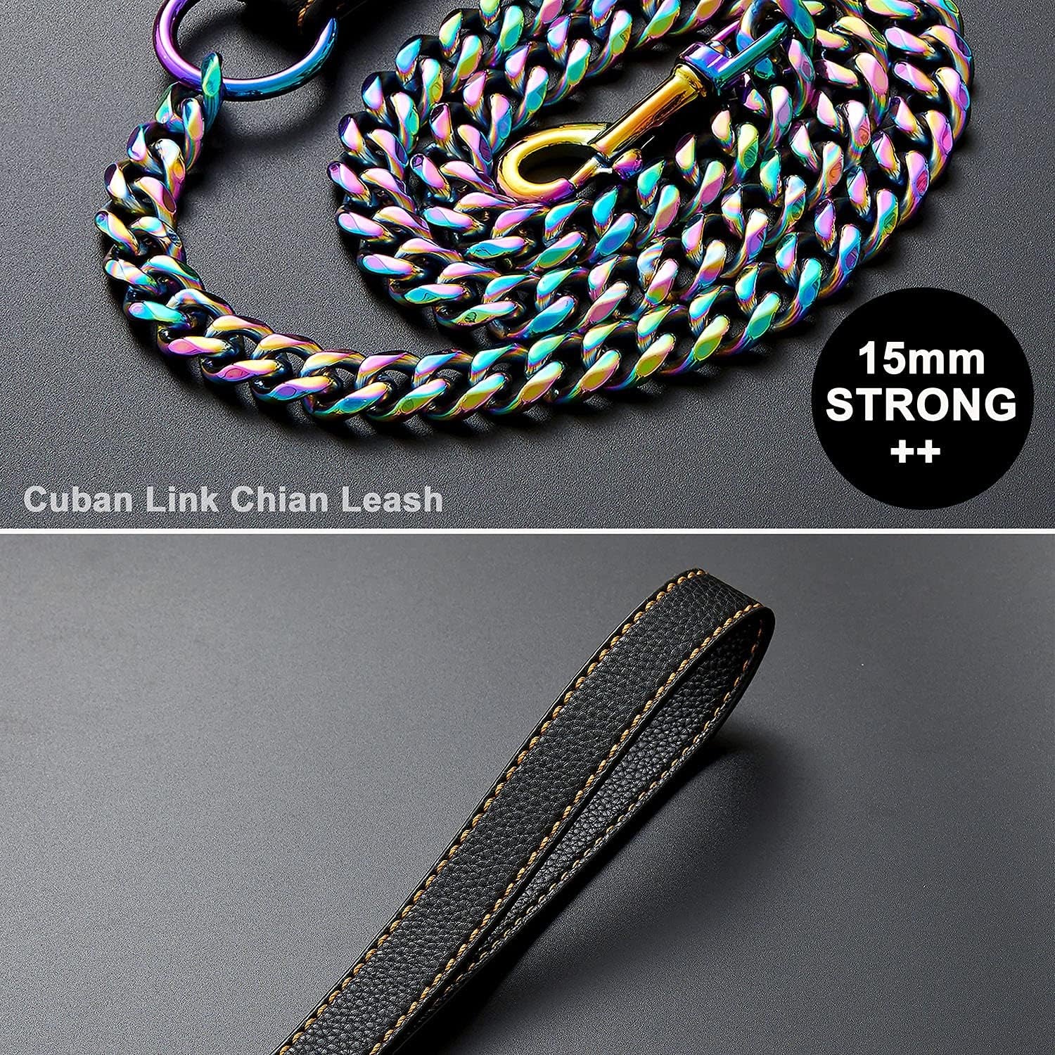 Chain Leash for Medium Large Dogs Metal Chain Leash Chew Proof, Heavy Duty Leash Stainless Steel Multicolored Dog Leash Chain with Leather Padded Handle (3.5FT)
