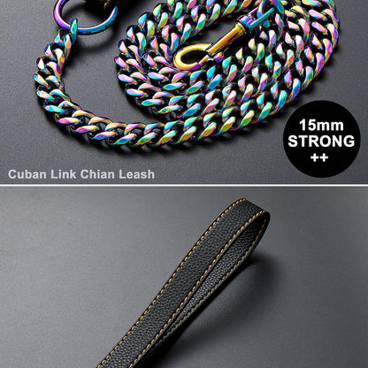 Chain Leash for Medium Large Dogs Metal Chain Leash Chew Proof, Heavy Duty Leash Stainless Steel Multicolored Dog Leash Chain with Leather Padded Handle (3.5FT)