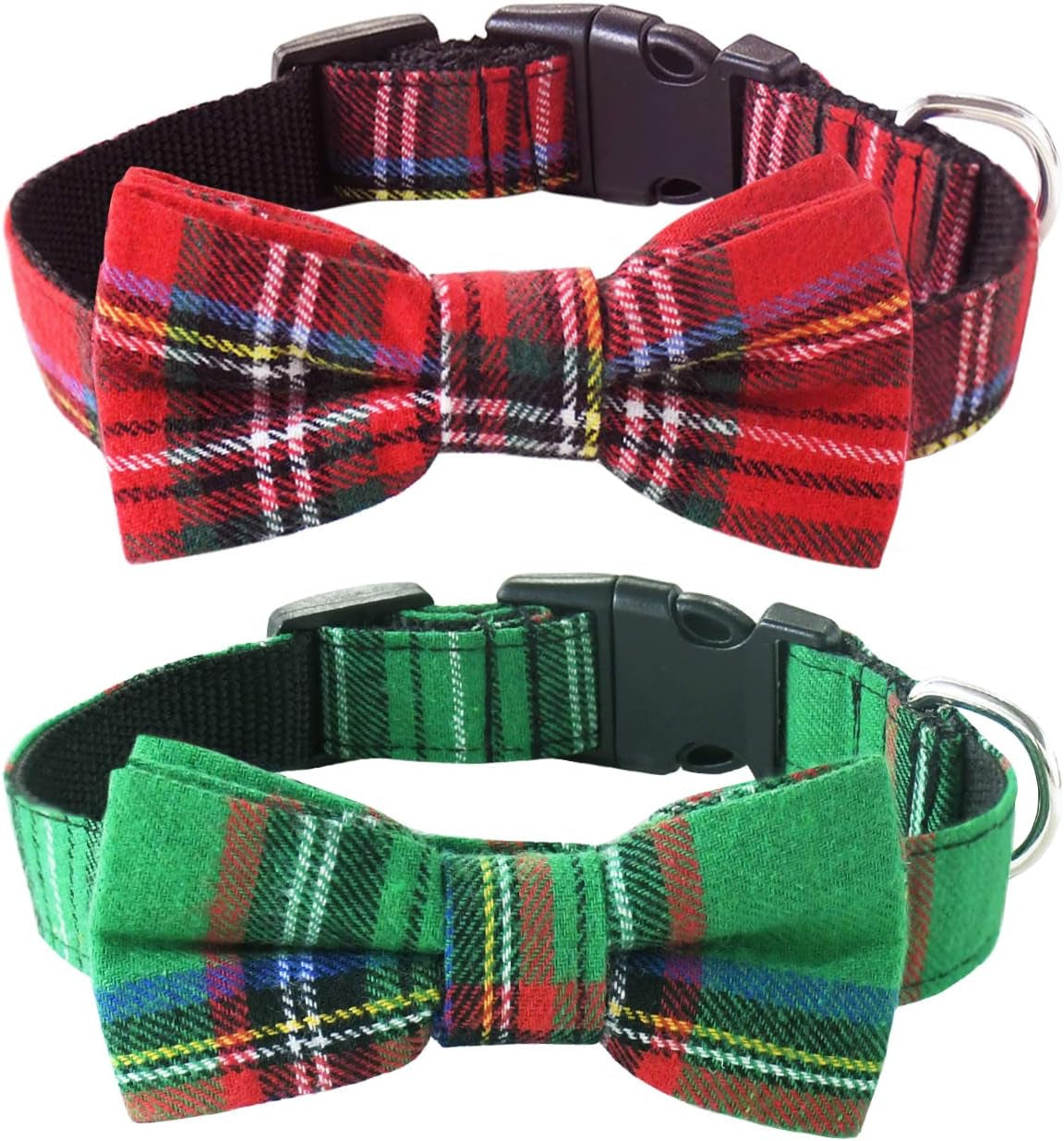 Dog Collar with Bow Tie Christmas Classic Plaid Dog Collar with Light Adjustable Buckle Suitable for Small Medium Large Dogs Cats Pets - M