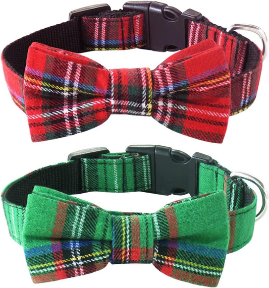 Dog Collar with Bow Tie Christmas Classic Plaid Dog Collar with Light Adjustable Buckle Suitable for Small Medium Large Dogs Cats Pets - M