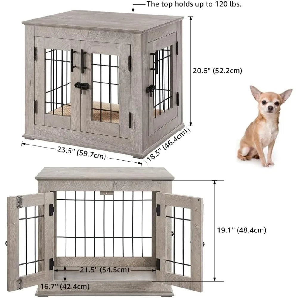 Furniture Style Dog Crate End Table, Double Doors Wooden Wire Dog Kennel with Pet Bed, Decorative Pet Crate Dog House