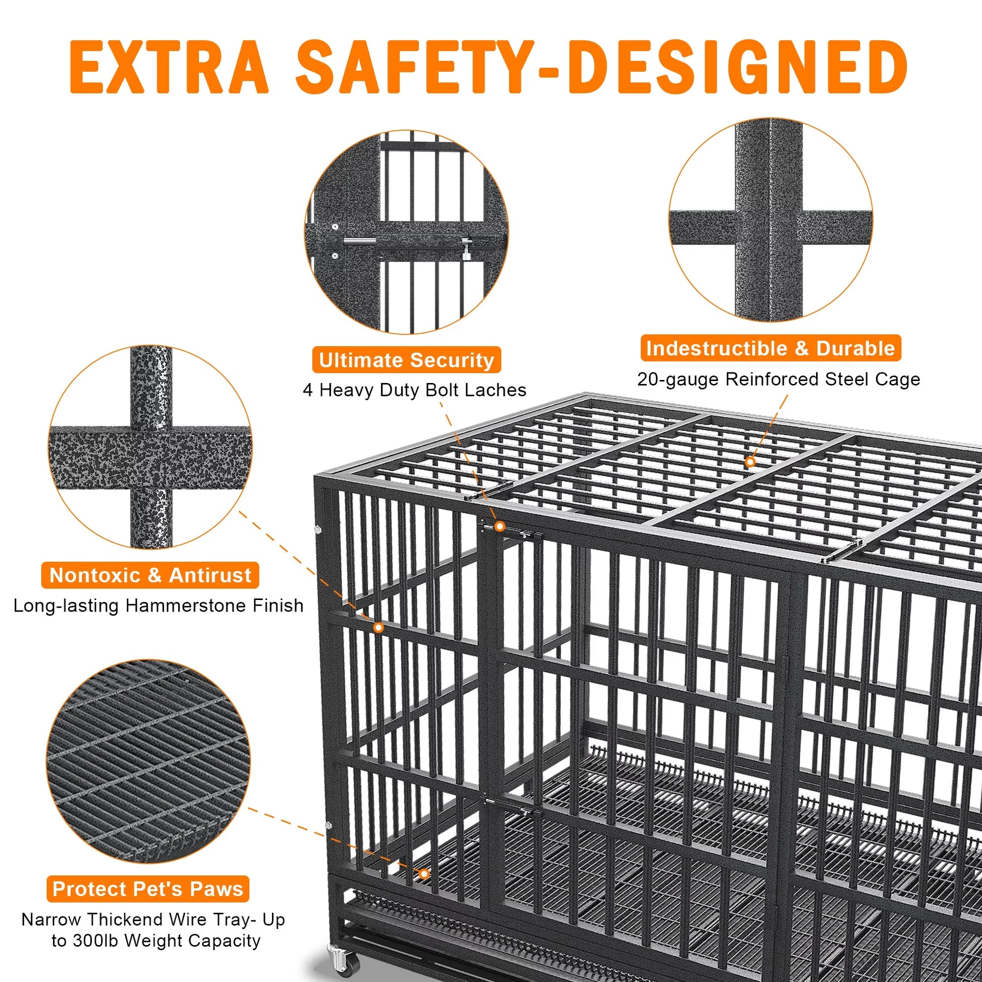 48/38 Inch Heavy Duty Indestructible Dog Crate Cage Kennel for Large Dogs, High Anxiety Dog Crate with Removable Crate Trays, Wheels and Double Door, Extra Large XL XXL Escape Proof Dog Crate