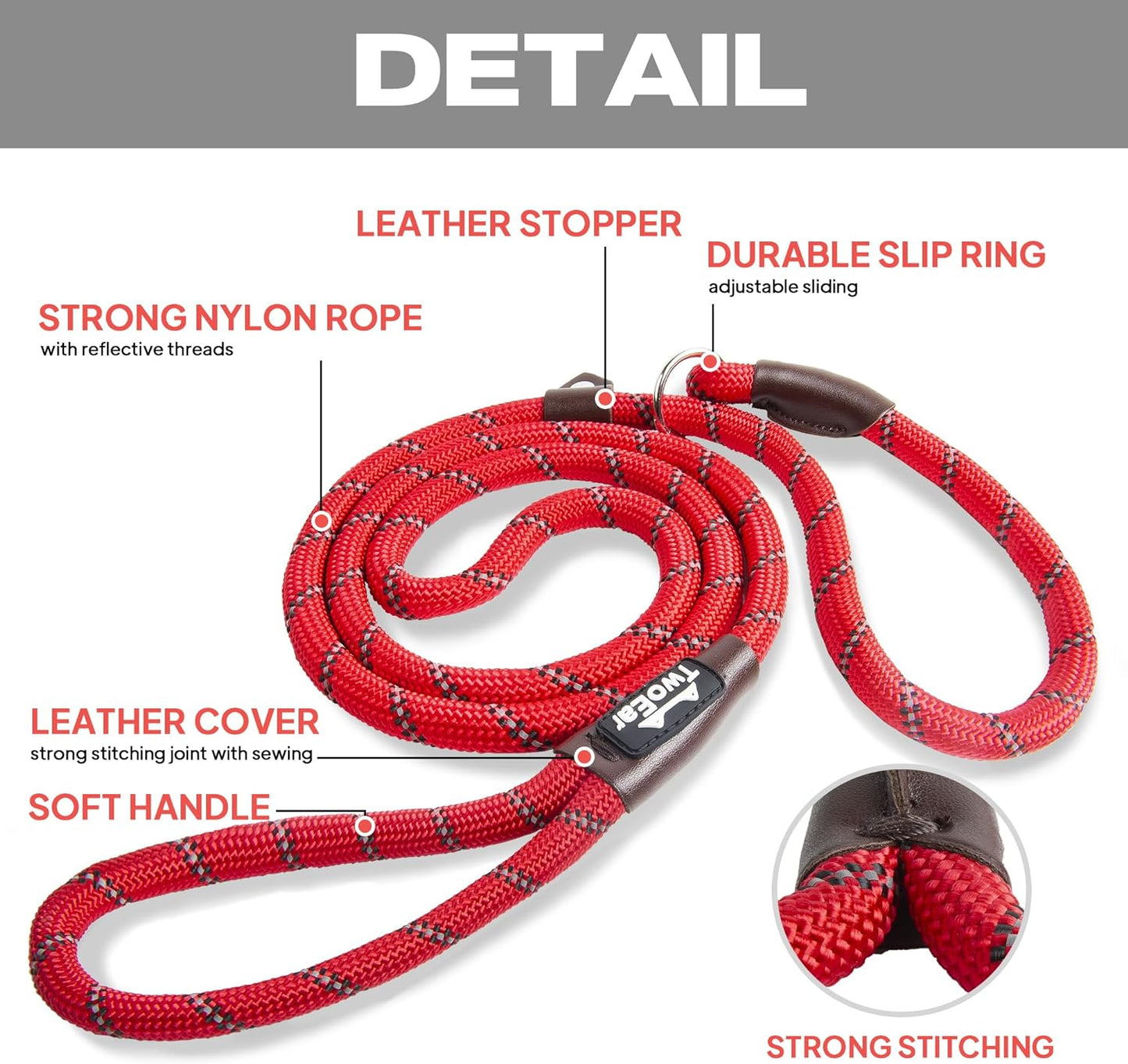 Dog Leash Dog Slip Rope Leash 1/2" X 6FT Dog Training Leash Heavy Duty Strong Slip Lead Highly Reflective Threads for Small Medium and Large Dogs(Red)
