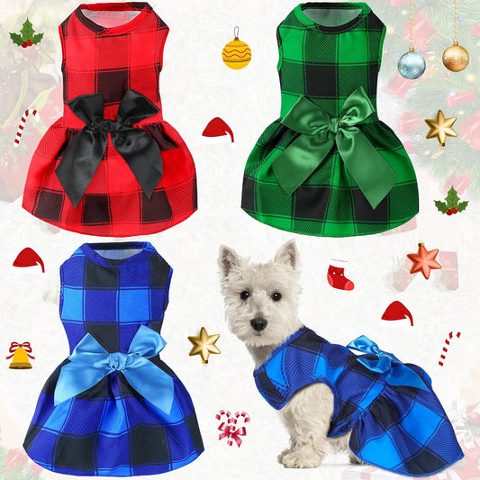 3 Pieces Christmas Buffalo Plaid Puppy Dress with Bowknot Plaid Dog Princess Dress Check Pattern Dog Skirt Holiday Pet Dresses Puppy Costume Apparel Clothes for Small Dogs (L (7-9Lbs)